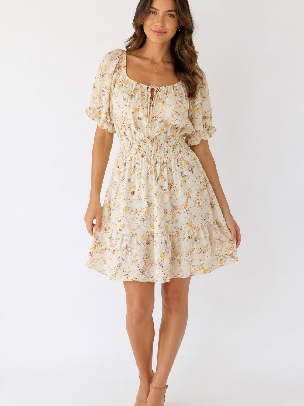 Liberty Love Floral Mini Dress Cream Yellow Puff Sleeve Smocked Waist Boho 2XL